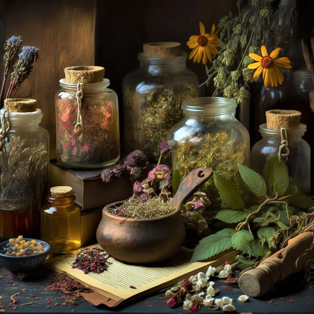 apothecary with bowl of herbs and wooden spoon surrounded by jars full of herbs