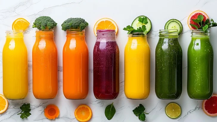 seven containers of fresh juice
