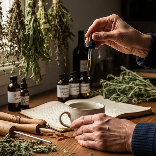 A close-up of a glass dropper bottle adding herbal tincture into a white ceramic mug, surrounded by dried herbs on a rustic surface.
