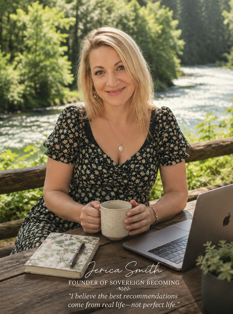 blonde woman with mug in hands at table with laptop and notebook and river in the background